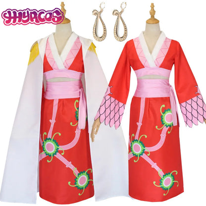 Anime Boa Hancock Cosplay Kostüme Sexy Empire Red Kimono Kleid Uniform Boa Hancock Ohrringe Halloween Kostüme für Frauen Männer