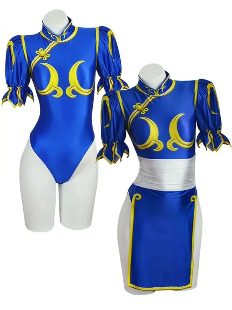 Costume de Cosplay Chun Li Jeu SF Chunli Jeu de Rôle Tenue Qipao Bleue Ensemble Complet Jackie Kung fu Costume de Fête d'Halloween Pour Le Plaisir