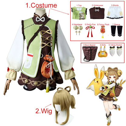 Costume de Cosplay Genshin Impact Yaoyao pour adultes et garçons, vêtements comprenant un couvre-chef, une chaussette, un sac banane, un uniforme de Cosplay Loli d'Halloween