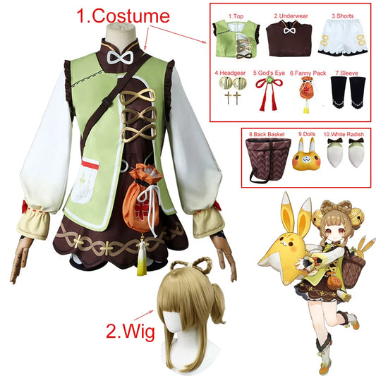 Costume de Cosplay Genshin Impact Yaoyao pour adultes et garçons, vêtements comprenant un couvre-chef, une chaussette, un sac banane, un uniforme de Cosplay Loli d'Halloween