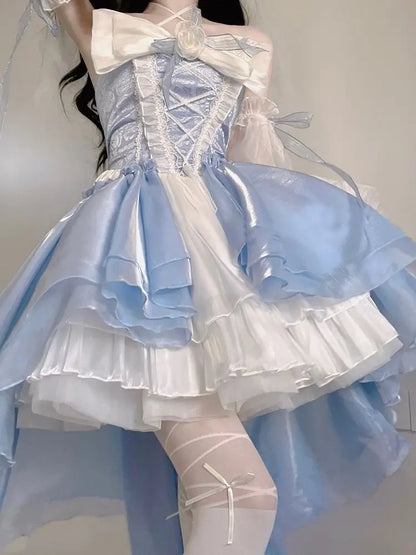 Lolita-Op im französischen romantischen Stil, elegantes Mädchen, Cosplay, Prinzessin, Puffärmel, Schleife, Schleife, Blumentunika, Netz, fantastisches Feenkleid