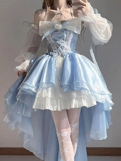 Lolita-Op im französischen romantischen Stil, elegantes Mädchen, Cosplay, Prinzessin, Puffärmel, Schleife, Schleife, Blumentunika, Netz, fantastisches Feenkleid