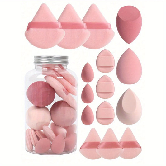 Ensemble d'éponges de maquillage 15 pièces avec pot de rangement, Beauty Blender Houppette à poudre Mini houppette à poudre Mini coussin d'air pour les doigts Houppette triangulaire