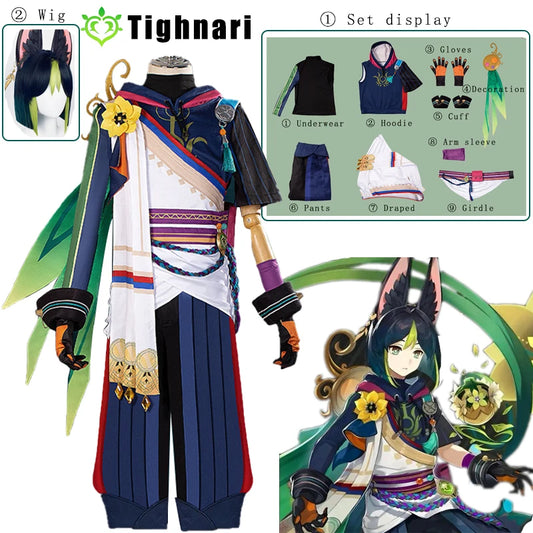 Genshin Impact Tighnari cosplay costumes Sumeru personnages Tighnari genshin anime cosplay perruque cheveux Halloween fête costumes