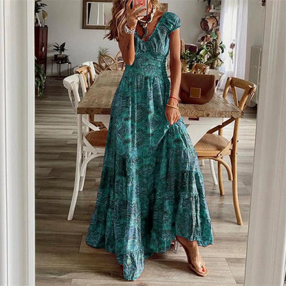 Bohemian Sommer Vintage Lange Kleider Frauen 2024 Elegante Blumen Druck V-ausschnitt Vestidos Strand Urlaub Casual Große Schaukel Maxi Kleider