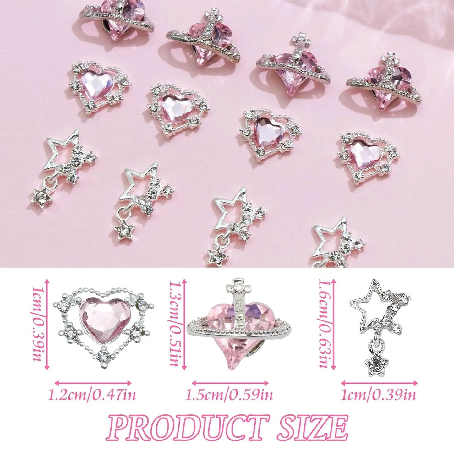 Lot de 15 breloques pour nail art en forme de cœur en cristal, breloques roses brillantes en forme de planète, breloques en alliage 3D en forme d'étoile, breloques pour ongles en diamant à dos plat brillant