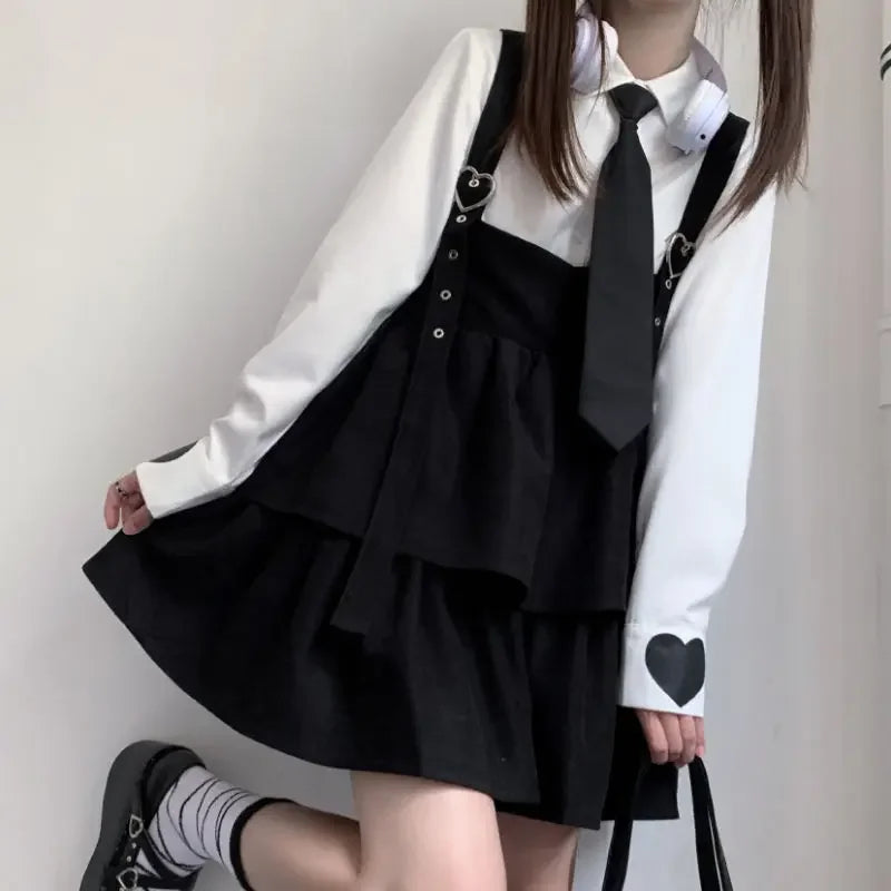 HOUZHOU Kawaii Robe Lolita Noire Femmes Volants Superposés Japonais Sans Manches Bretelles Mignon Mini Robe Style Preppy Robe D'été Scolaire