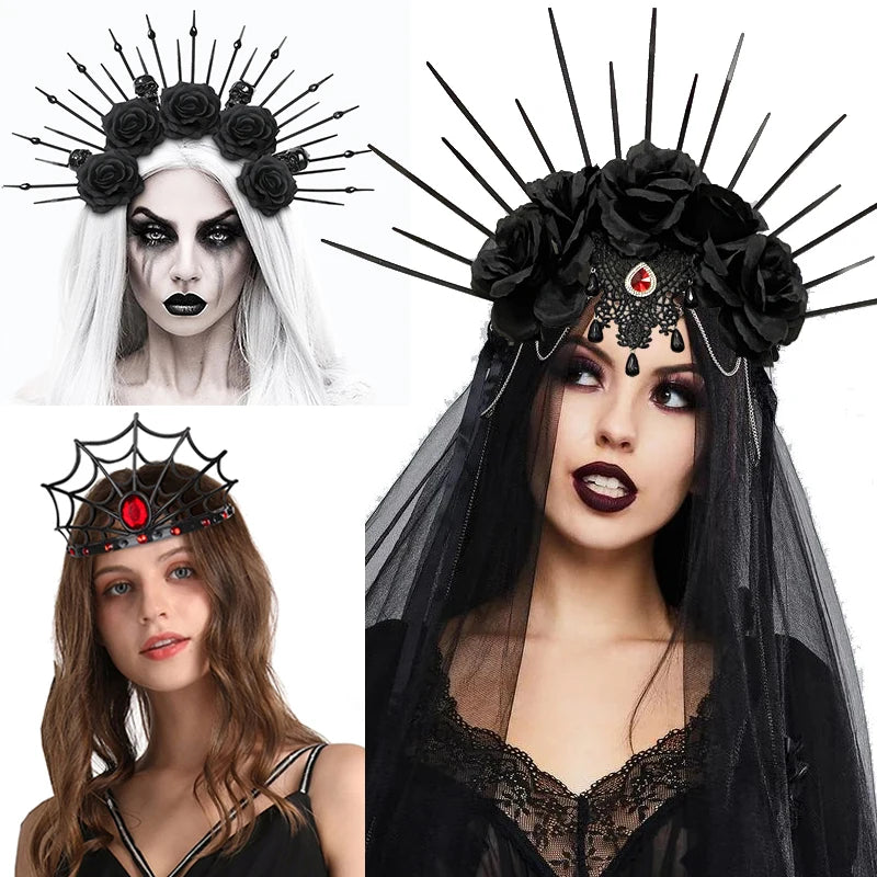 Lady Spider Queen Crown Gothic Black Rose Veil Headband Cosplay Halloween Party Cosutmes Props Skull Headwear Medusa Headpiece