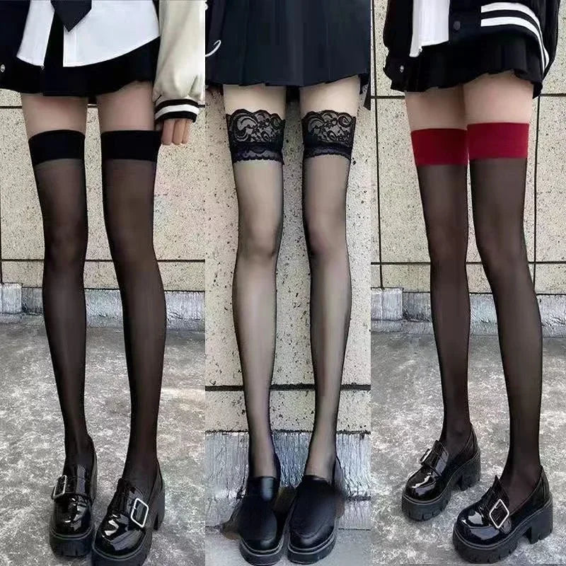 JK Costumes Women Sexy Thigh High Fishnet Stockings Lolita Girls Gothic Punk Transparent Over Knee Red Wide Edge Long Socks