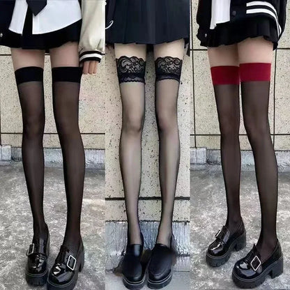 JK Costumes Women Sexy Thigh High Fishnet Stockings Lolita Girls Gothic Punk Transparent Over Knee Red Wide Edge Long Socks