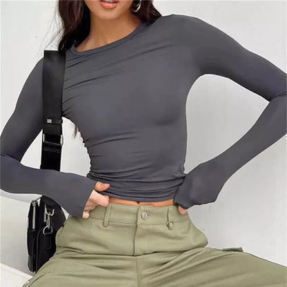 Casual Langarm T Shirt Frauen Frühling O Neck Solid Slim Fit Pullover T-shirts Weibliche Pullover Basic Tee Y2k Kleidung Crop Tops