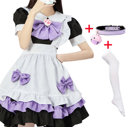 4 styles Anime Maid Lolita Cosplay Costume Robe rose Griffe de chat Maid Bow Cloche Collier et bas blancs