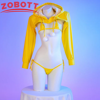 Anime Pu Leder Bikini Set Hoodie Top Cosplay Kostüm Sexy Japanische Mädchen Unterwäsche Nachthemd Rollenspiel Student Outfits Dessous