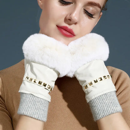 Gants d'hiver en cuir véritable pour femme en fourrure de lapin, épais et chauds, sans doigts, avec rivets, pour conduite d'hiver, R294