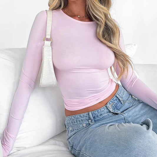 Casual Langarm T Shirt Frauen Frühling O Neck Solid Slim Fit Pullover T-shirts Weibliche Pullover Basic Tee Y2k Kleidung Crop Tops