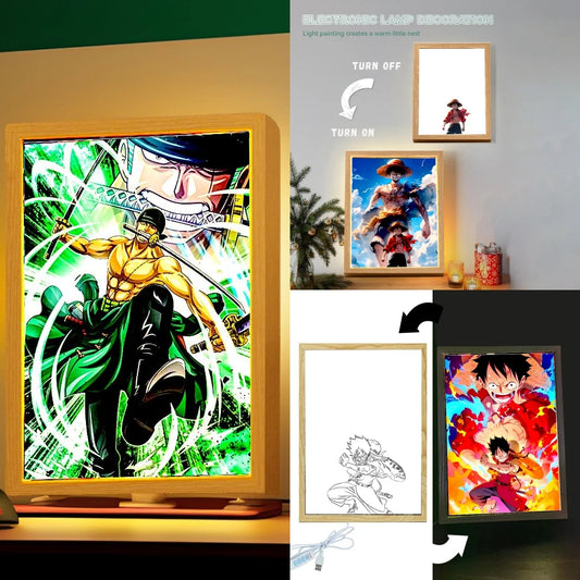 Anime-Figur One Piece Lichtmalerei Fotorahmen Zoro Luffy Led Nachtlicht Geburtstag Schlafzimmer Dekor Weihnachtsgeschenke Mondlampe