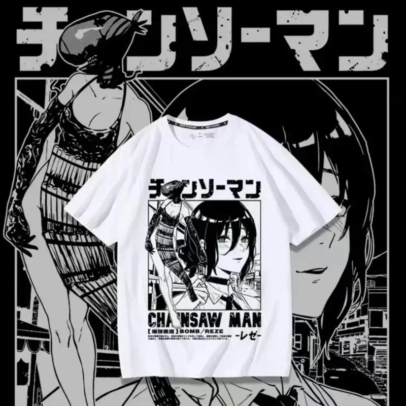 Anime T-Shirt Damen Chainsaw Man Manga Grafik Herren Baumwolle Kurzarm T-Shirt Übergröße Damen Tops Sommer