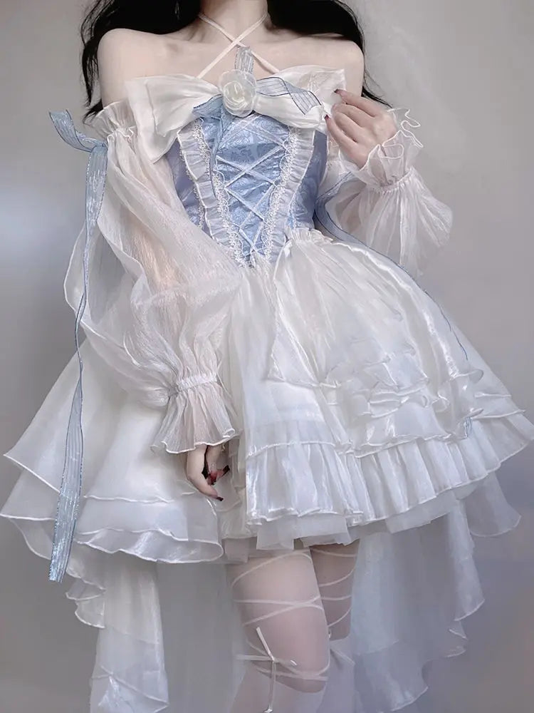 Lolita-Op im französischen romantischen Stil, elegantes Mädchen, Cosplay, Prinzessin, Puffärmel, Schleife, Schleife, Blumentunika, Netz, fantastisches Feenkleid