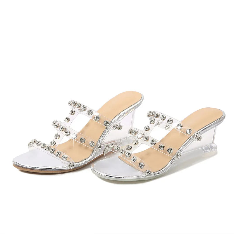 Sandales à plateforme pour femmes Chaussures à talons compensés Chaussures polyvalentes Boucle en strass Pantoufles simples Transparent LFD-1098-41