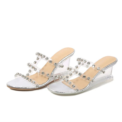 Sandales à plateforme pour femmes Chaussures à talons compensés Chaussures polyvalentes Boucle en strass Pantoufles simples Transparent LFD-1098-41