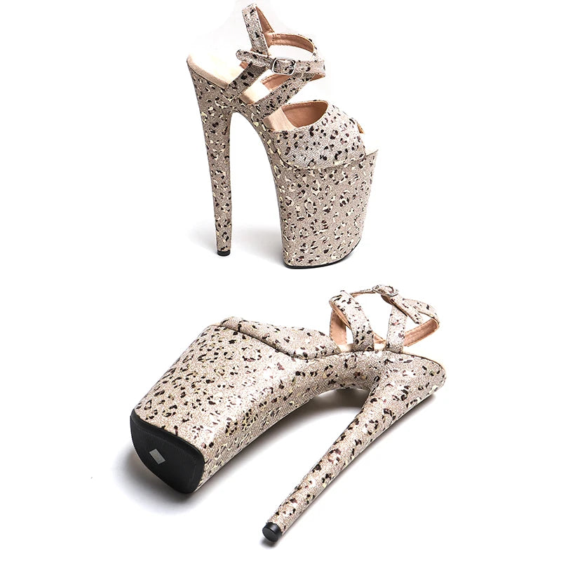 Leecabe 23cm/ 9inches Glitter Leopard print  upper  platform  high heel  open toe sandals  pole dance shoes