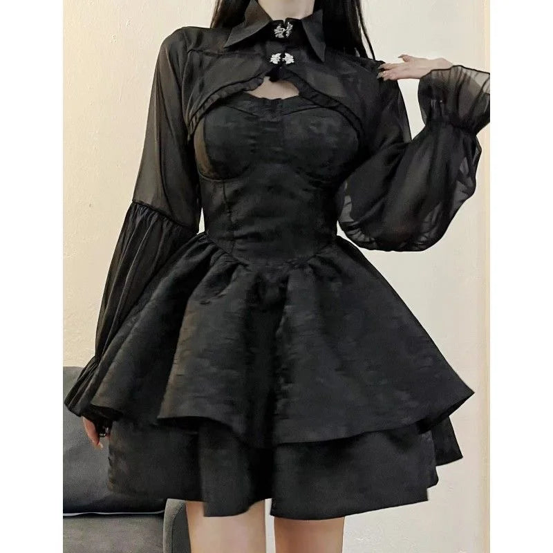 Schwarzes Sexy Lolita-Kleid für Damen, Gothic, Vintage, Minikleider, Harajuku, Halloween, Cosplay, Kostüme, Langarm, Fee-Kleid, Frau