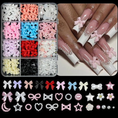 12Grids/box Mixed Resin Bowknot Nail Art Decorations 3D Acrylic Charms Kawaii Colorful Bow Rhinestone DIY Manicure Tools Parts