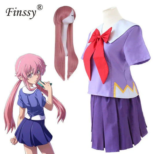 Anime 2. Mirai Nikki Gasai Yuno Lolita Sailor Cosplay Kostüm Loli Bogen Kurzen Rock Perücke Länge 80cm Für Frauen