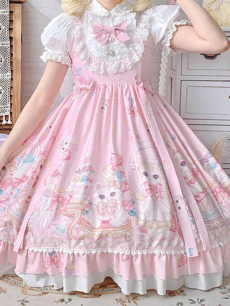 KIMOKOKM Sweet Lolita Style Col Carré Chat Impression Designer JSK Robe Nœud Sans Manches Dentelle Volants Dentelle Girly Camisole Robe