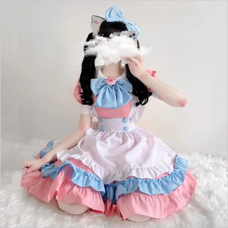 Tenue de femme de chambre Kawaii Lolita Anime Tenue de femme de chambre Cosplay rose + bleu Costume de jupe Lolita Costume de cosplay japonais mignon Tenue d'anime