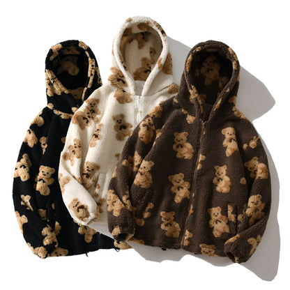 Veste en peluche imprimée en forme de cœur Harajuku pour femme, manteau d'hiver coréen à manches longues avec fermeture éclair et capuche, épais et chaud pour couple, streetwear