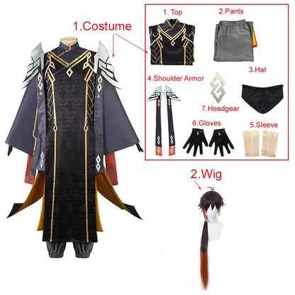 Genshin Impact Morax Cosplay Costume Halloween Carnaval Zhongli Vêtements pour hommes comprenant des gants, un chapeau, une armure d'épaule