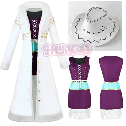 Anime Nico Robin Cosplay Kostüm Hut Lila Kleid Uniform Lange Pelz Kragen Weißen Mantel Punk Outfit Halloween für Erwachsene Halloween