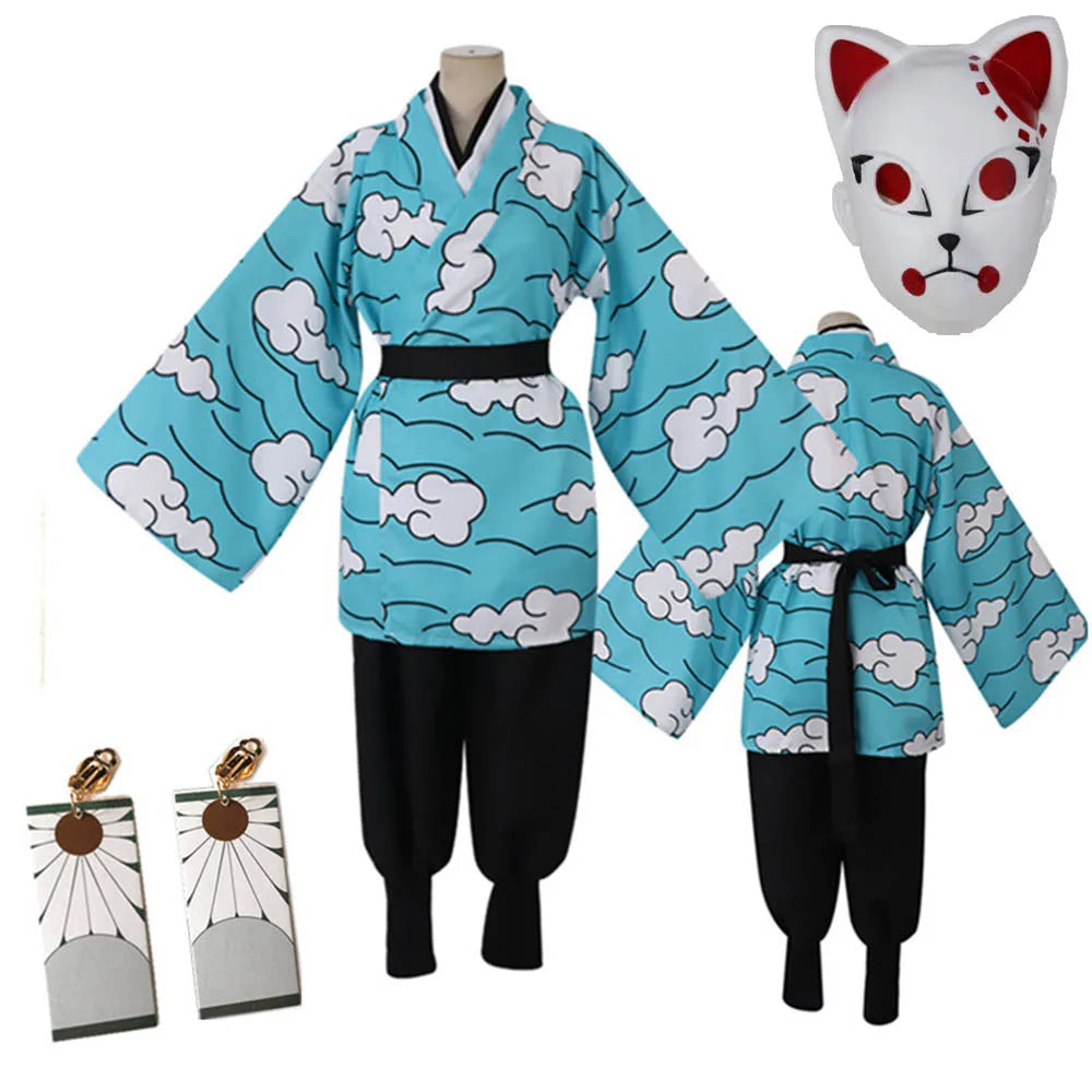 Anime Kamado Tanjirou Urokodaki Sakonji Cosplay Kostüm Himmel Blau Wolke Uniform Kimono Frauen Männer Halloween Kostüm Maske Requisiten