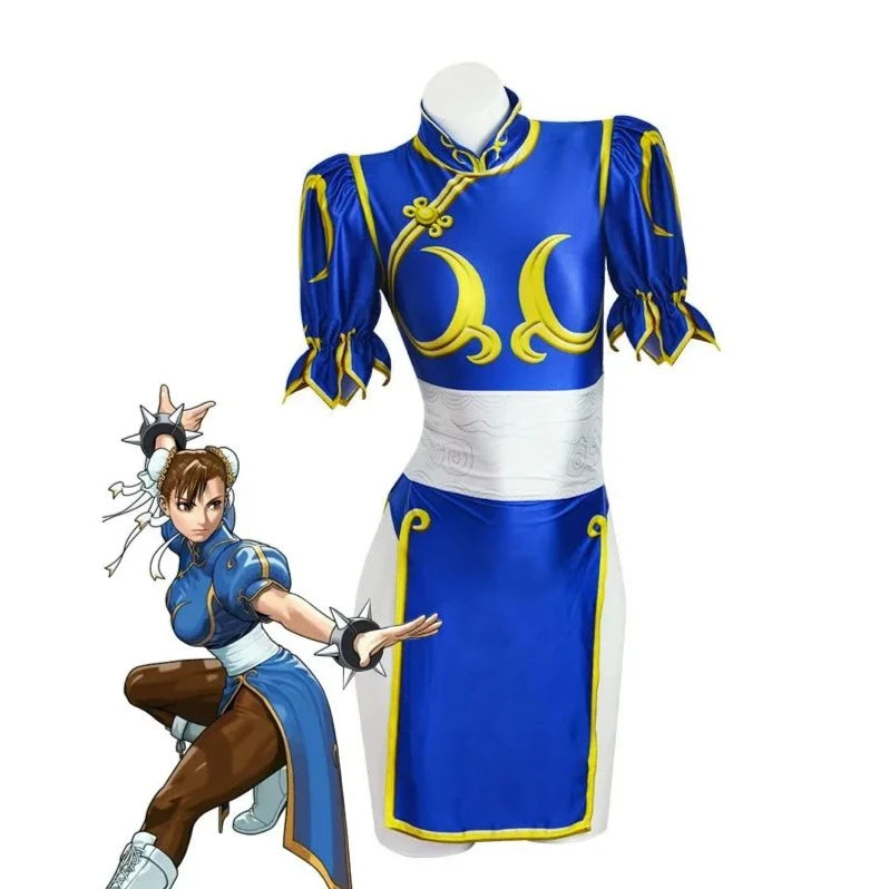 Costume de Cosplay Chun Li Jeu SF Chunli Jeu de Rôle Tenue Qipao Bleue Ensemble Complet Jackie Kung fu Costume de Fête d'Halloween Pour Le Plaisir