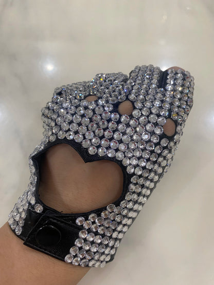 Gants de danse hip-hop pour femmes, mitaines sexy en similicuir PU, découpées en forme de cœur, en strass, à la mode