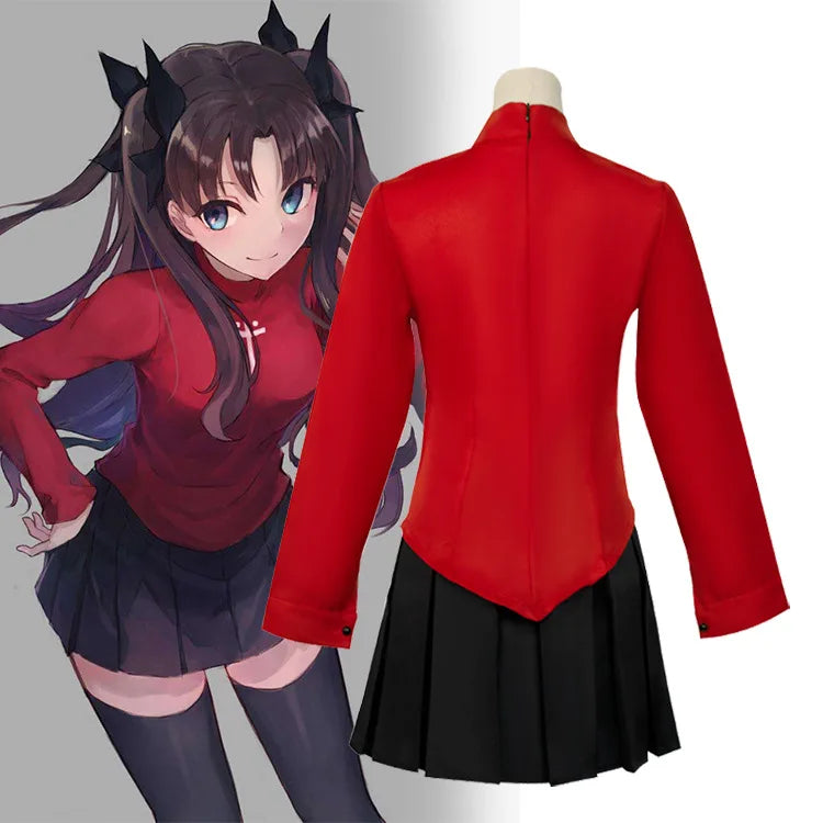 Anime Fate Stay Night Tohsaka Rin Cosplay Kostüme Mädchen Rotes Hemd Rock Frauen Halloween Kostüme Kleid Kopfbedeckung Rollenspiel