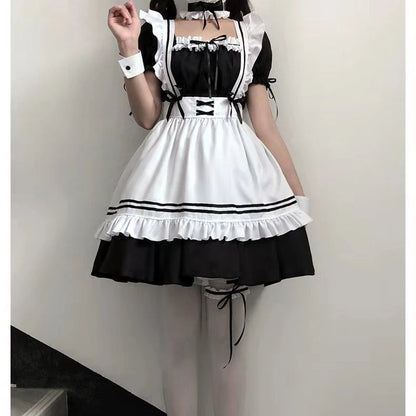 2024 6 pièces ensemble mignon costume de femme de chambre Cosplay jeu de main vin rouge doux costume de femme de chambre Lolita