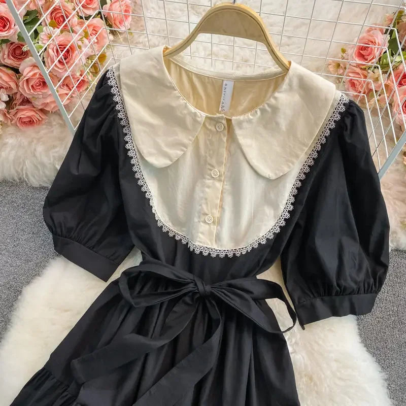 CGC Vintage Doll Collar Elegant Dresses For Women 2024 Preppy Style Puff Sleeves Kawaii Lolita Dress Korean Fashion Midi Dresses