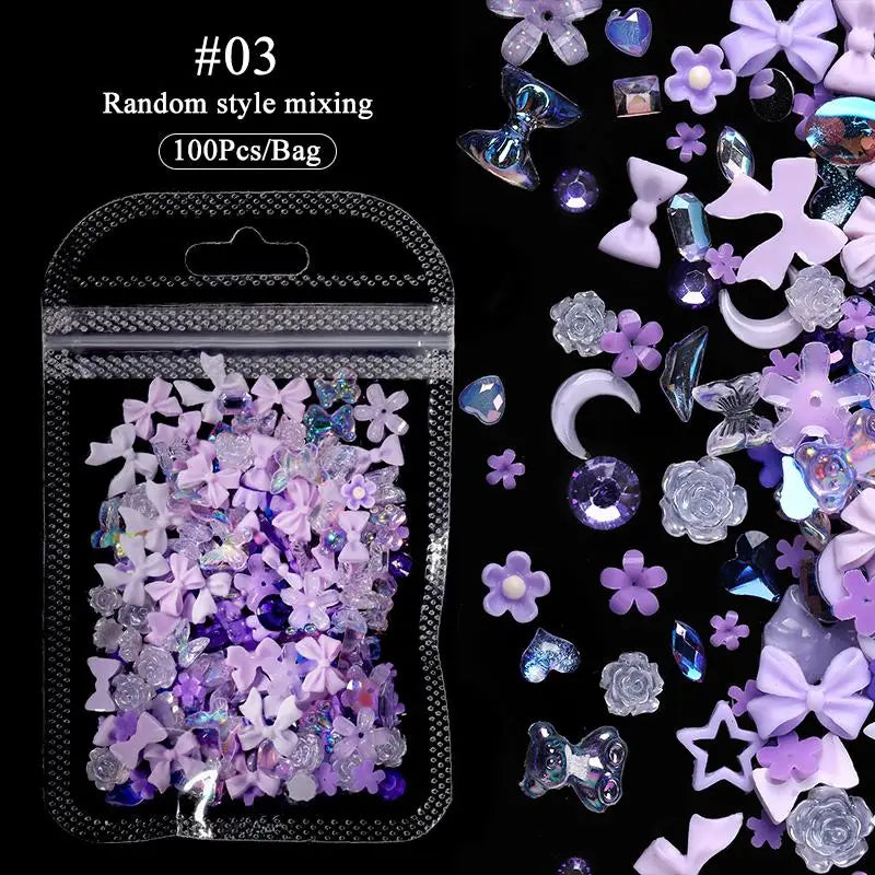 Lot de 100 breloques pour ongles en résine 3D, roses et violettes, fleurs, cœur, ours, mixtes, décoration pour nail art, Kawaii, ruban rose, nœud papillon, pièces pour ongles à faire soi-même