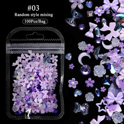 Lot de 100 breloques pour ongles en résine 3D, roses et violettes, fleurs, cœur, ours, mixtes, décoration pour nail art, Kawaii, ruban rose, nœud papillon, pièces pour ongles à faire soi-même