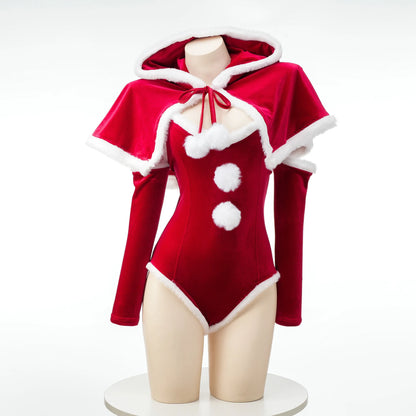 Anime Weihnachtsuniform-Bodysuit mit Umhang, roten Strümpfen, Outfits, Cosplay-Kostüme, Neujahrs-Plüsch-Nachthemd, Unterwäsche-Outfits