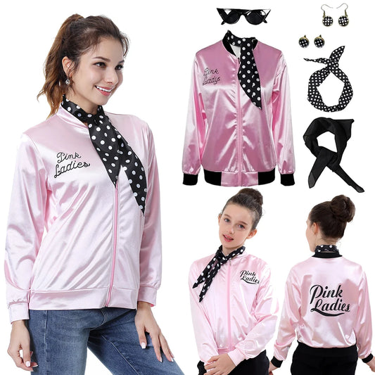 Pink Ladies Grease Cosplay Costume Kids Adult Retro Jacket Fancy Cheerleader Disguise For Women Autumn Coat Halloween Party Suit