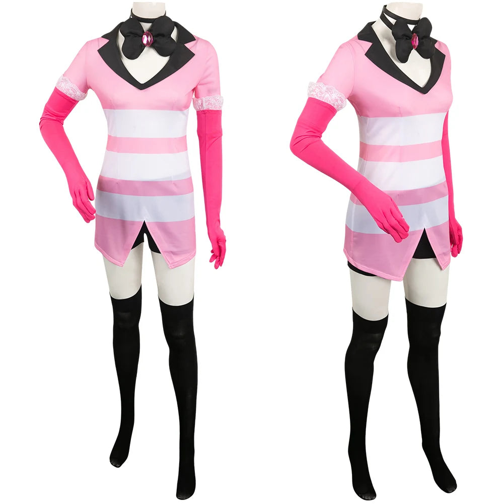 Angel Cos Dust Cosplay Cartoon Hotel Kostüm Rosa Enge Lederrobe Mädchen Frauen Erwachsene Halloween Karneval Rollenspiel Anzug