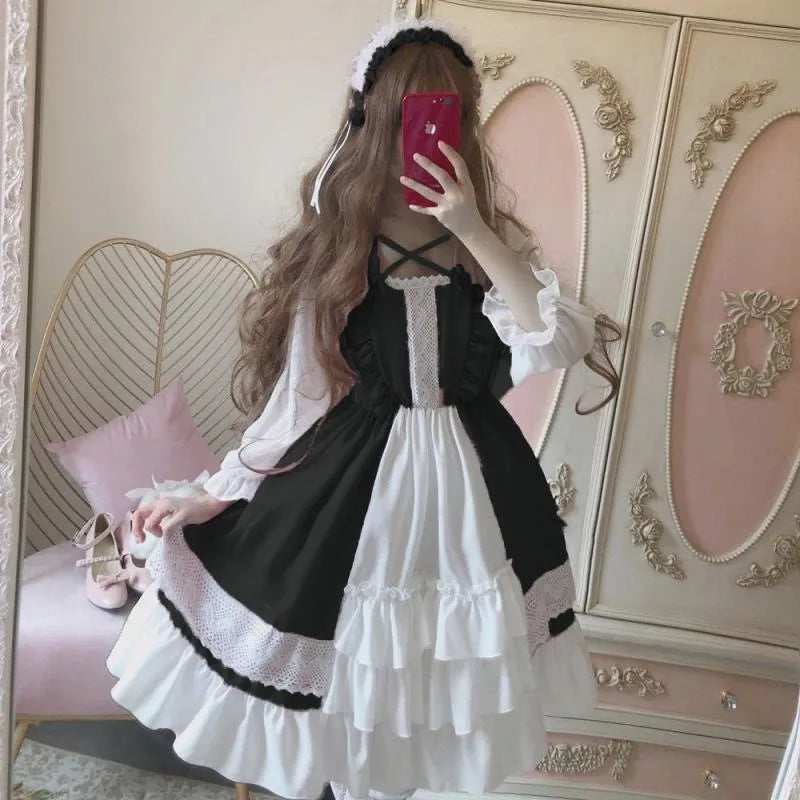 Alice im Wunderland, süßes Lolita-OP-Kleid für Damen, Volant, Spitzenbesatz, japanischer Harajuku, lange Ärmel, Puppenkleid für Teenager, Fee, Vestidos