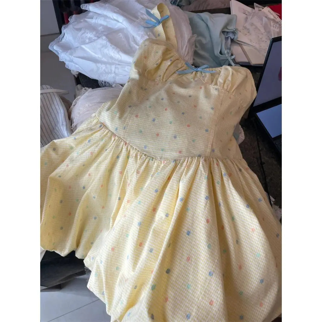 Robe caraco à pois jaune pour fille japonaise, robe d'été légère et luxueuse, mignonne, taille Lolita, amincissante, ligne A, courte, pour femme