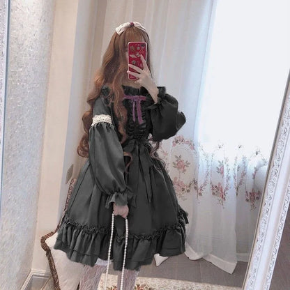 Alice im Wunderland, süßes Lolita-OP-Kleid für Damen, Volant, Spitzenbesatz, japanischer Harajuku, lange Ärmel, Puppenkleid für Teenager, Fee, Vestidos