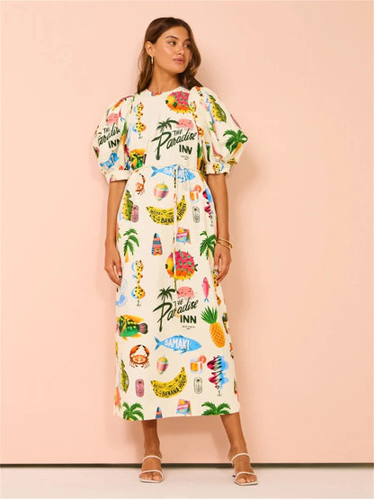 Robe mi-longue à col en V et imprimé dessin animé pour femme, tenue décontractée, ample, manches courtes bouffantes, été 2024, chic, vacances, plage