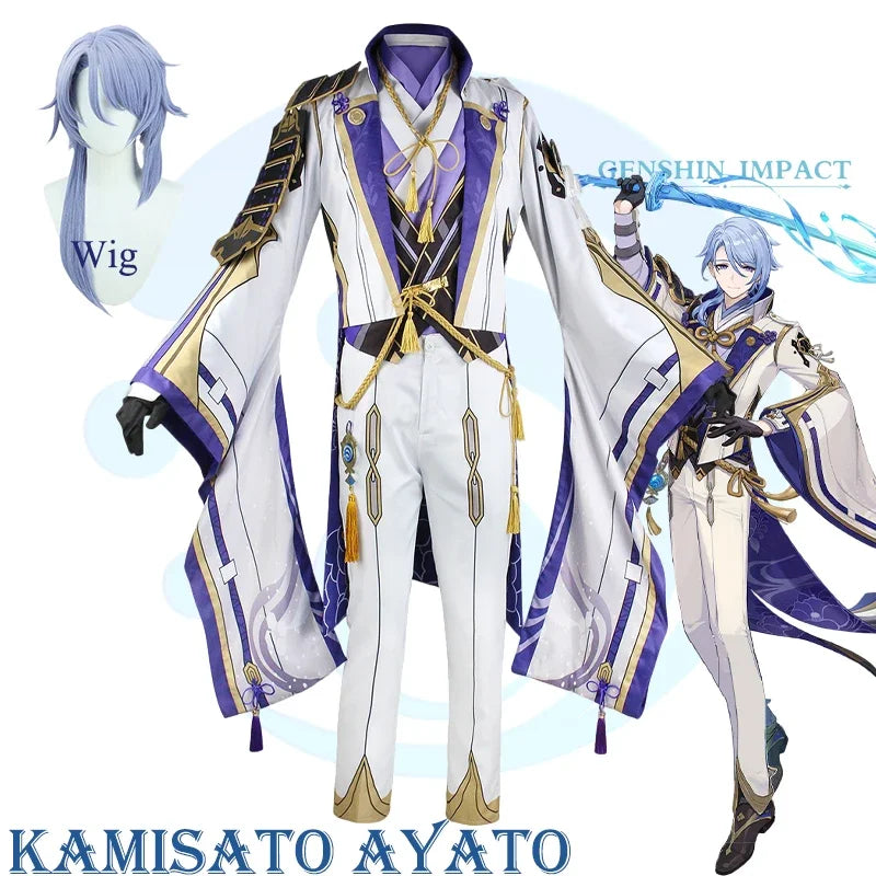 Genshin Impact Kamisato Ayato Cosplay Costume Uniforme Perruque Anime Halloween Costumes pour Hommes Jeu