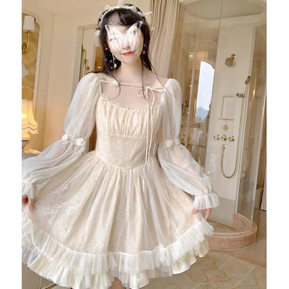 Robe Lolita Kawaii à manches longues pour femme, mini robe décontractée vintage, style féerique japonais, esthétique, une pièce